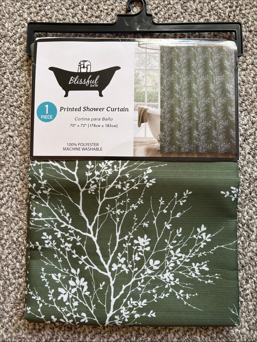 Olive Green Shower Curtain with White Branch Pattern